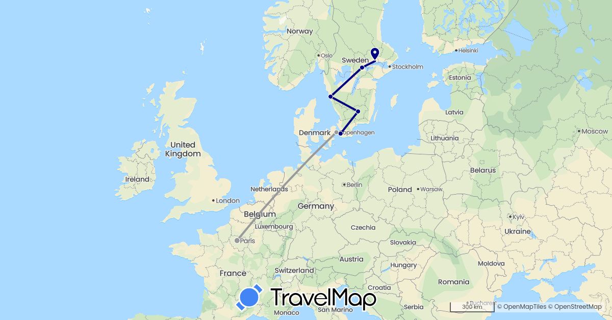TravelMap itinerary: driving, plane in Denmark, France, Sweden (Europe)
